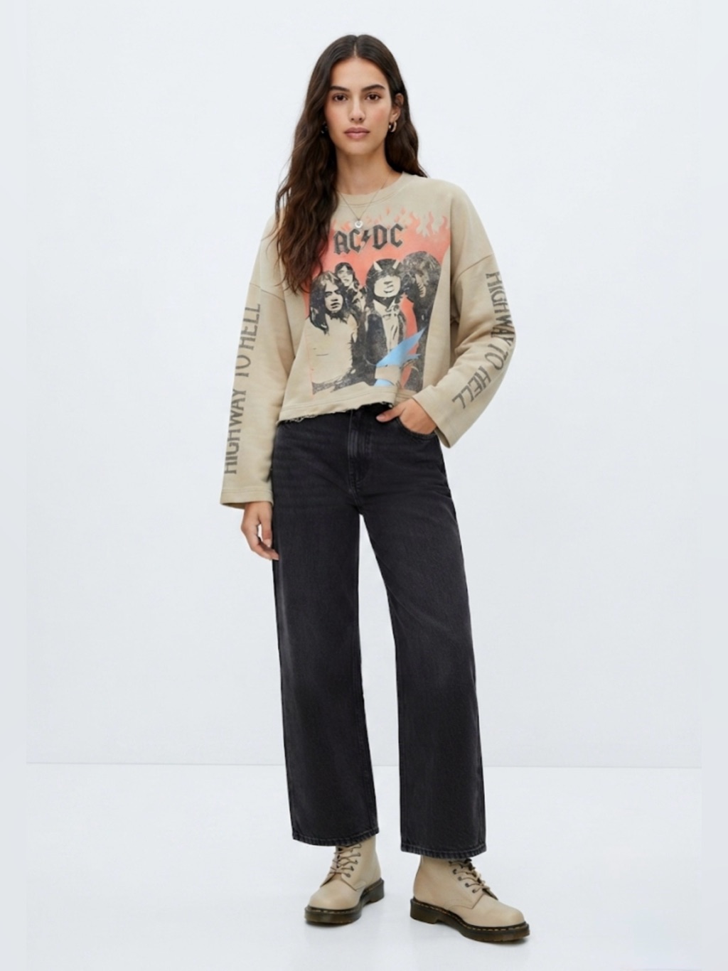 Zara Ac/Dc Highway To Hell 1979 Tour Cropped Graphic Sweatshirt Beige Medium